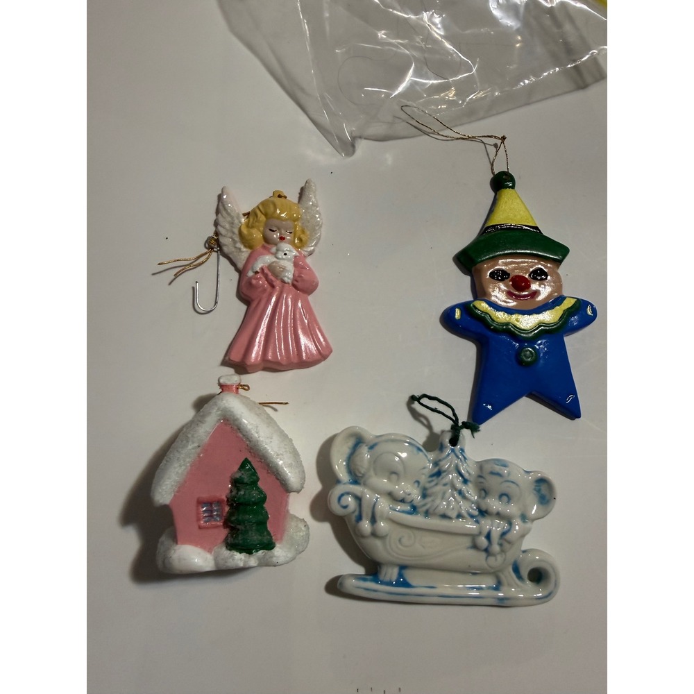 Vintage Christmas Ornament Lot Ceramic Angel Pink House Star Clown Wood Santa